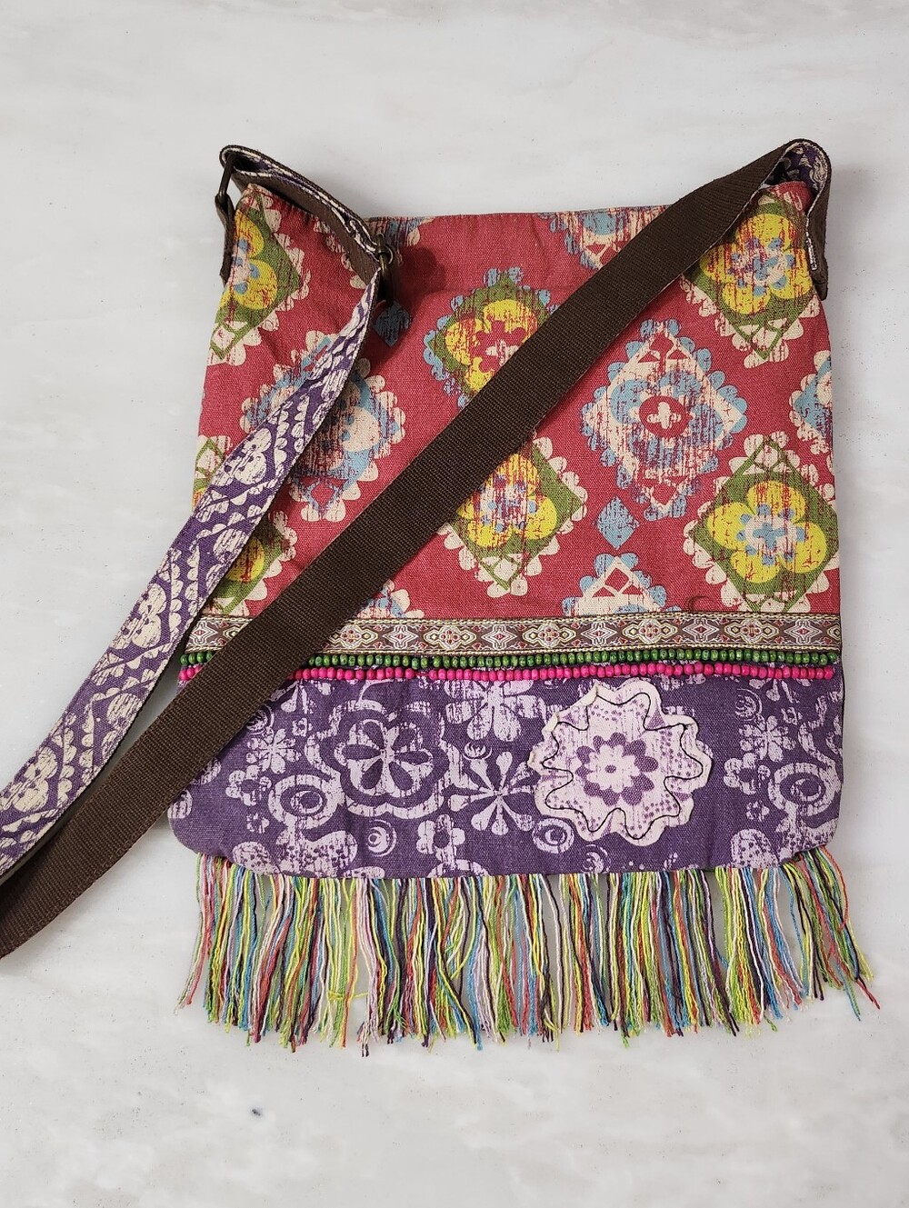 Bohemian Fringe Crossbody Bag - Purple & Red